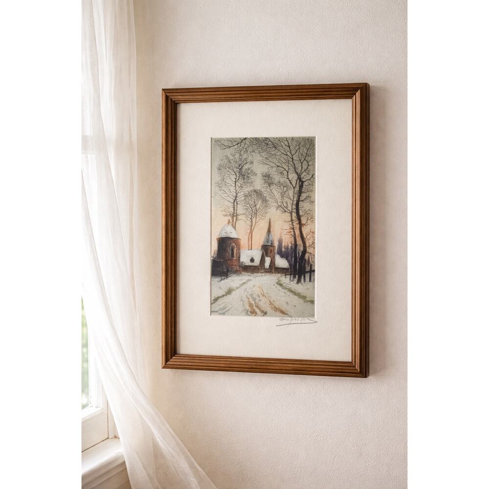 Signed Hand-Colored Etching Winter Village Church Scene Mid-20th Century